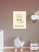 HOUTEN POSTER / WOODEN POSTER - MUURDECORATIE VOOR KINDERKAMER / WALL ART FOR KIDS ROOM - ZEEHOND / SEAL - 66 x 88cm - LICHT HOUT / NATURAL WOOD - WANDFIGUUR - BABYKAMER - WILDE DI