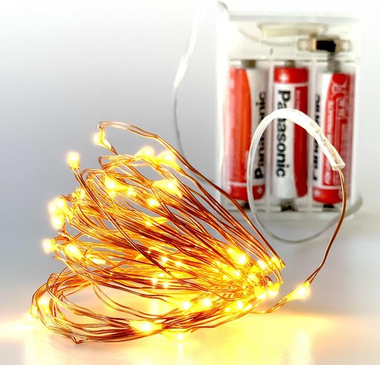 Lichtsnoer koper - 10m - 100 LED's - Warm Wit - Batterijen | bol.com