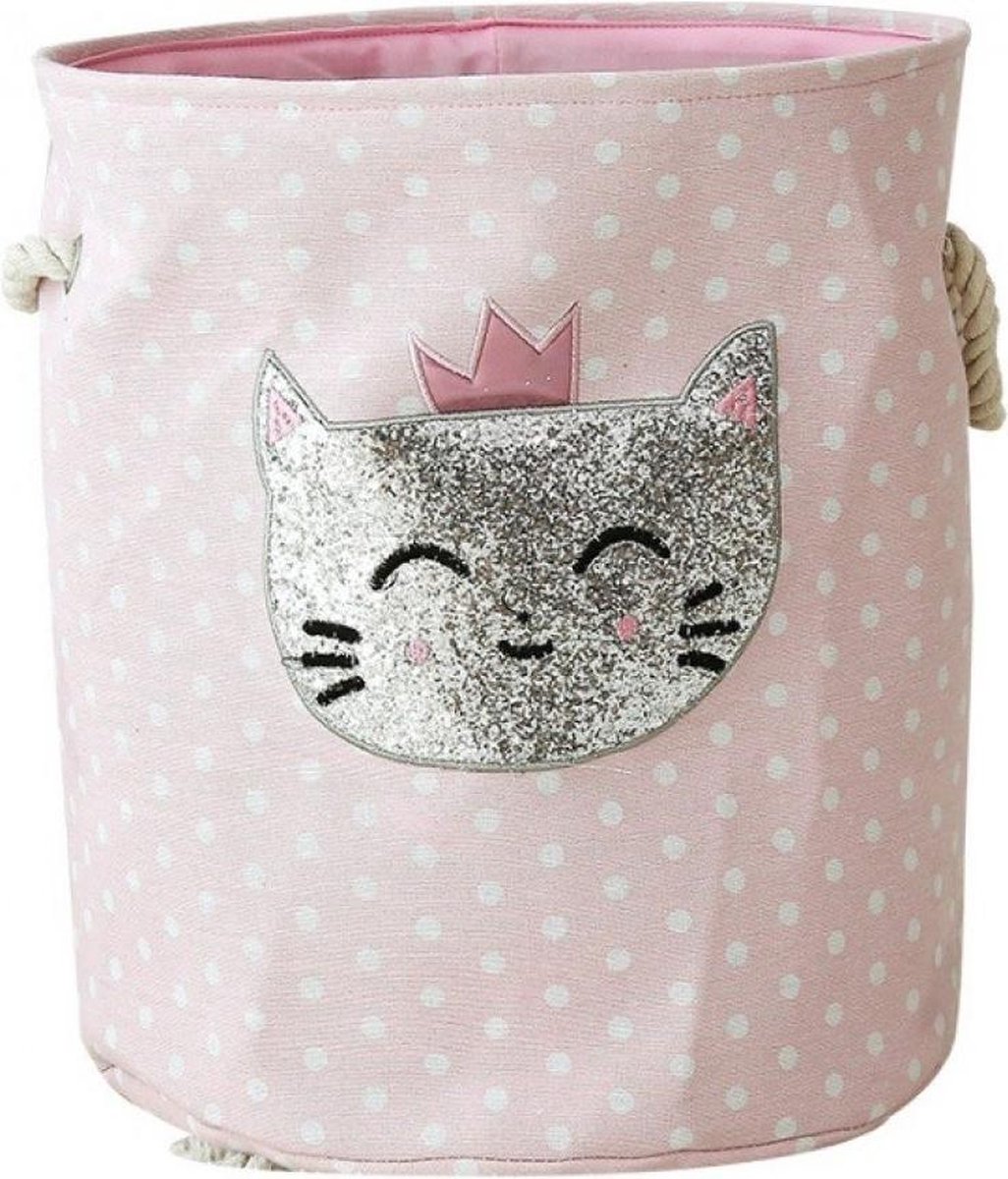 Opbergmand kinderkamer speelgoed - Roze met witte stippen wasmand - Glitter Poes - Opbergmand met touw handgrepen - Wasmand voor Kinderkamer of Babykamer - Canvas - Opbergzak Speelgoed - Cadeau Kinder Kamer