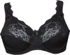 Soutien-gorge noir à armatures avec bonnets en dentelle et un petit nœud en satin sur le devant.