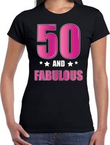 50 and fabulous / Sarah verjaardag cadeau t-shirt / shirt - zwart met roze en witte letters - voor dames - 50ste verjaardag kado shirt / outfit / Sarah XL