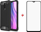 Xiaomi Redmi 9 silicone TPU hybride zwart hoesje + full cover glas screenprotector