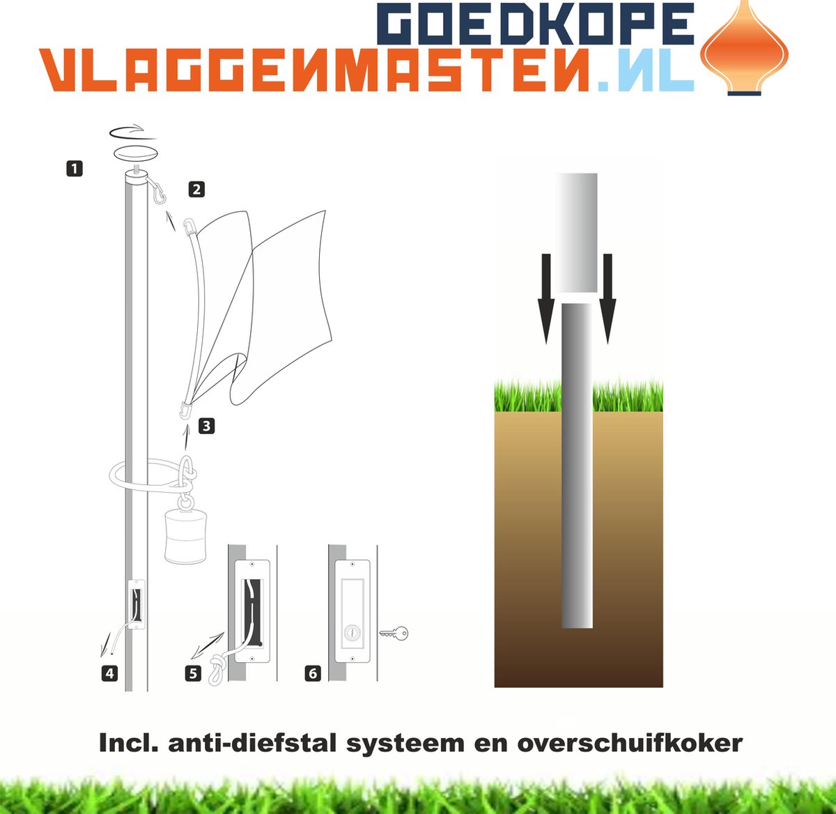 Vlaggenmast wit, 7 meter, diameter 75 mm. Aluminium clilindrisch, wit gecoat incl. anti-diefstal systeem met cilinderslot, oranje knop en contra-gewicht, en overschuifkoker. Type BASIC SAFE 7507W2B - goedkope-vlaggenmasten.nl
