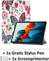 Smart Cover Book Case Hoes Geschikt Voor Samsung Galaxy Tab S7 11.0 Inch - Tri-Fold Multi-Stand Flip Sleeve - Front & Back Beschermhoes Met Screen Protector & Stylus Pen - Vlinders