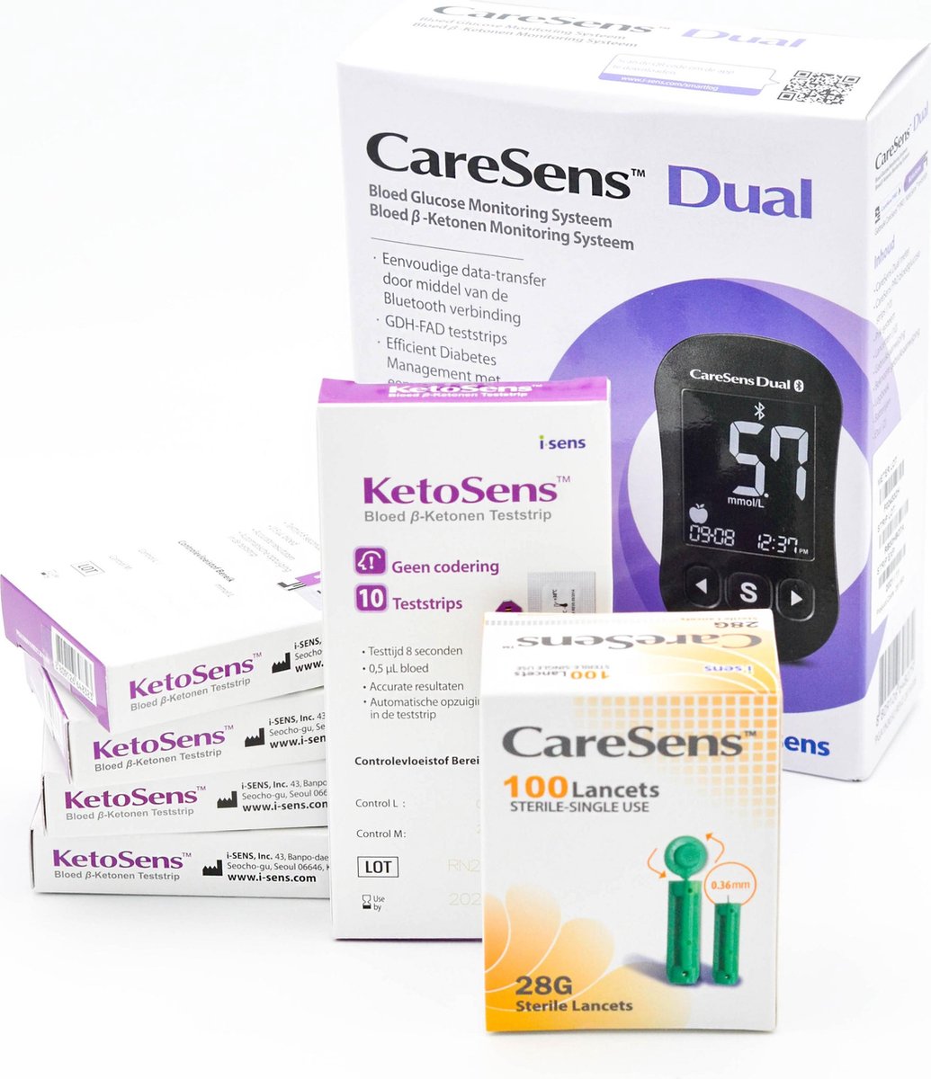Goedkoopste CareSens Dual glucose en ketonen startset, (voordeelpakket) incl. 50 KetoSens Ketonen strips en 100 lancetten