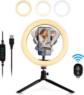 LifeGoods LED Ringlamp met Statief - Smartphone Houder - Bluetooth Afstandbediening - 26cm ⌀ - Zwart