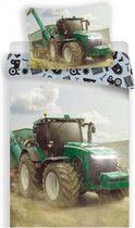 1-persoons jongens dekbedovertrek met grote groene trekker / tractor met hakselaar op het land / akker KATOEN