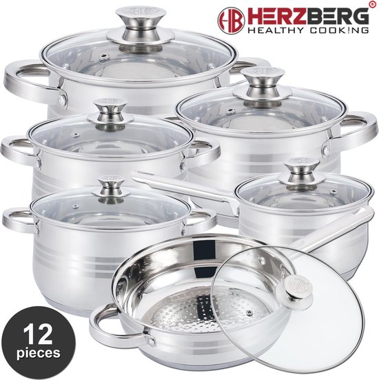 Herzberg Pannenset – 12-Delig – Voor Inductie en Gas – Vaatwasser Bestendig – RVS met Glazen Deksels