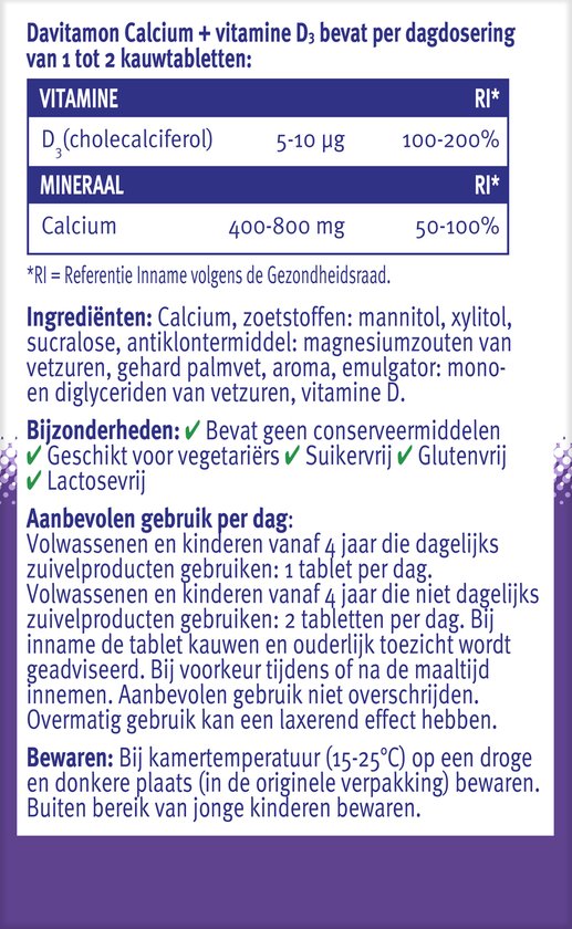 Informatie over Davitamon Calcium + Vitamine D3 per dagdosering, ingrediënten, bijzonderheden en aanbevolen gebruik.