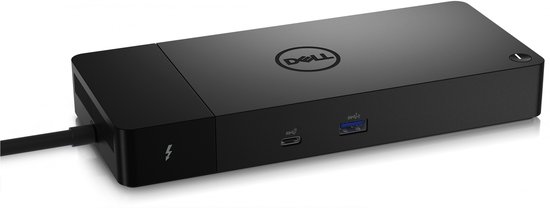 Zwarte Dell docking station met Dell logo, Thunderbolt en USB-C poorten.