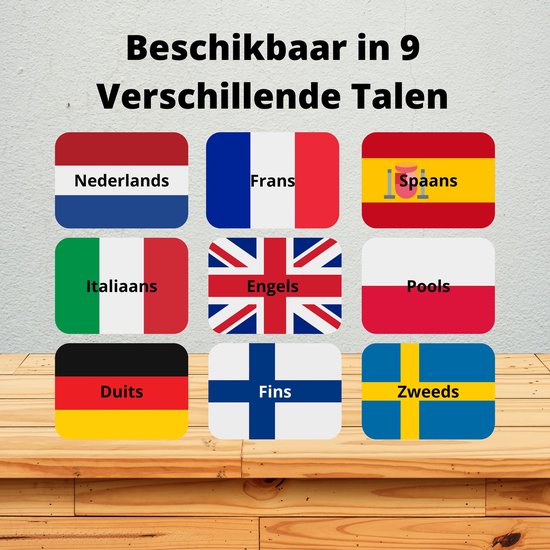 Banderol met Nederlandse, Franse, Spaanse, Italiaanse, Engelse, Poolse, Duitse, Finse en Zweedse vlaggen. Tekst: 'Beschikbaar in 9 Verschillende Talen'.
