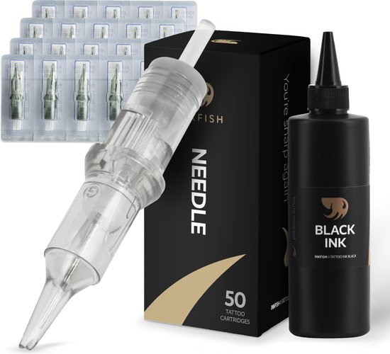 Foto: Inkfish 250 ml zwarte tattoo inkt en 50 tattoo naalden voor tattoo machines en sets zwart kit voor beginner set compleet verzorging gun stick en poke cartridges needles