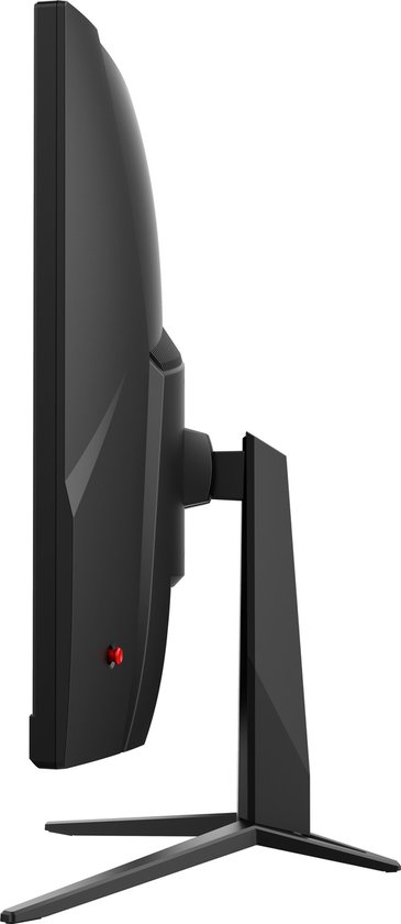 Zijaanzicht van een zwarte, gebogen MSI monitor met een standaard.