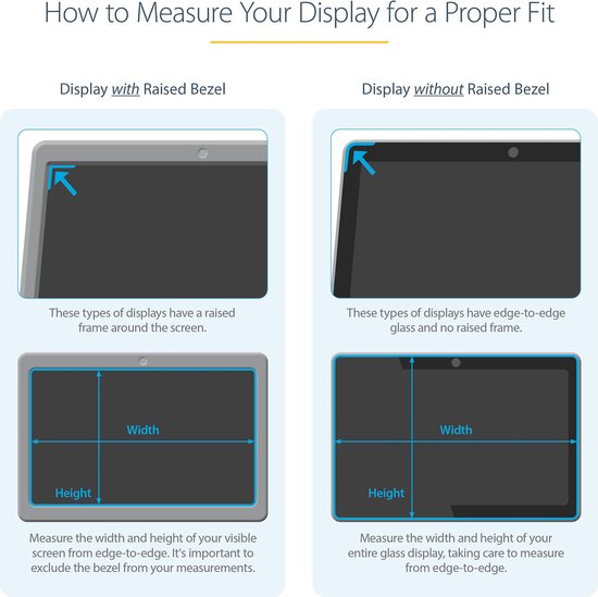 Deux illustrations montrant comment mesurer les dimensions d'un ordinateur portable avec et sans lunette pour un filtre de confidentialité.