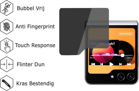 Samsung Galaxy Z Flip met muziekspeler, naast iconen met teksten als 'Bubbel Vrij' en 'Anti Fingerprint'.