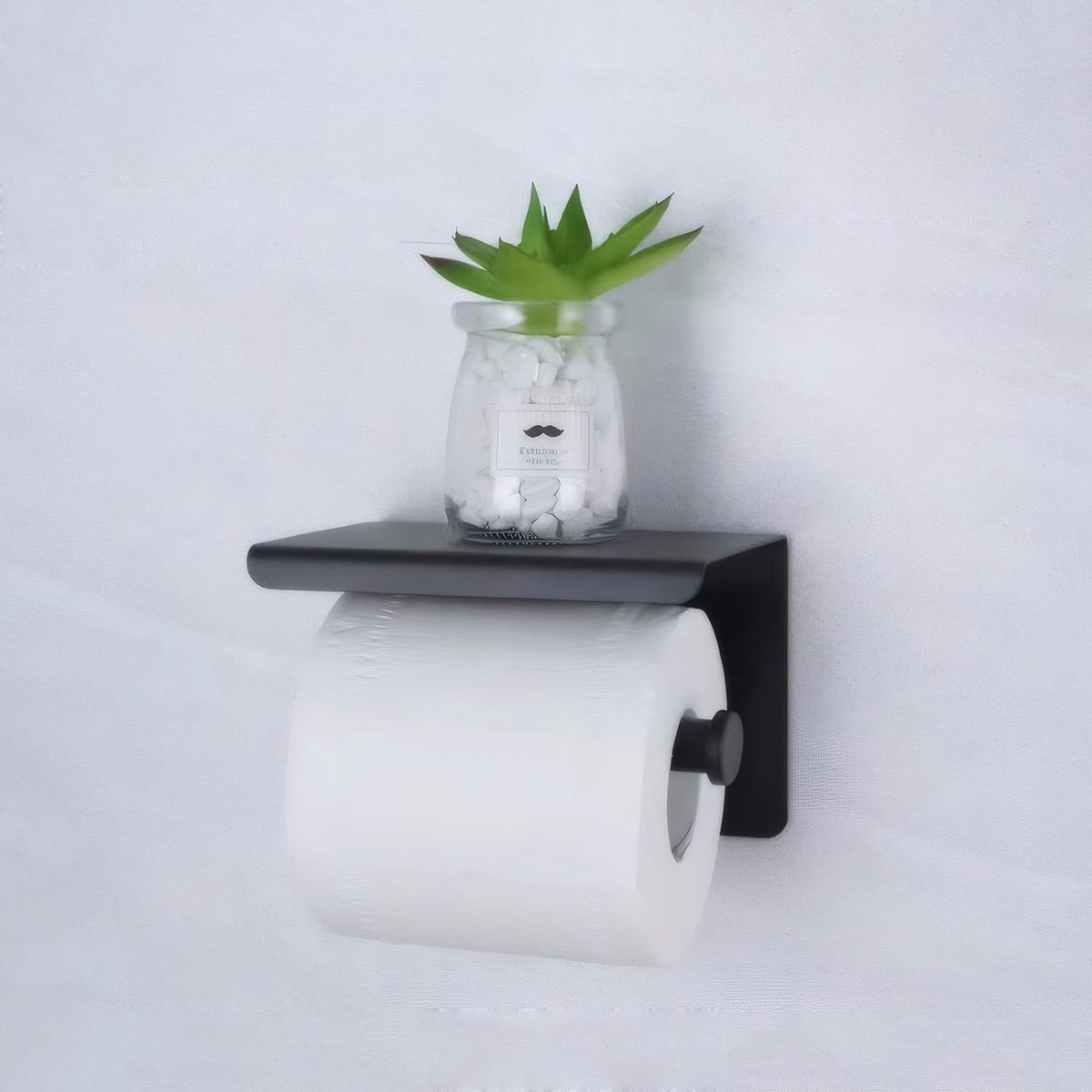 Zwarte Toiletpapierhouder met Plank - Zelfklevend en Zonder Boren - Wandmontage - Roestvrijstalen Toiletrolhouder