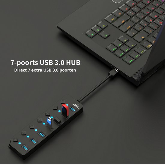 Innova Essentials Hub USB 3.0 - 7 Portes - 5Gbps - Lumière LED Blauw - Zwart
