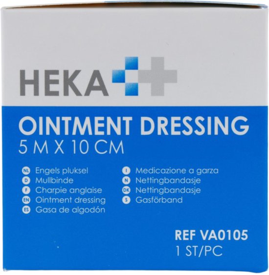 Heka Ointment Dressing 5 m x 10 cm, met meertalige beschrijving