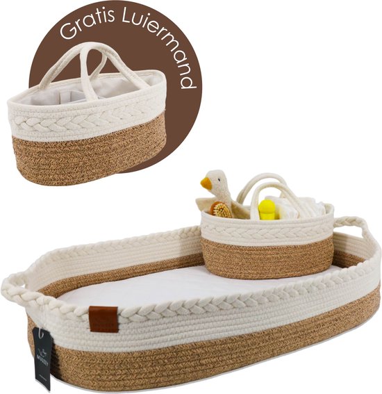 Muuzey Verschoonmand whitebrown incl. luiermand - Mozesmand - Verschoonmand XL - Incl. Extra comfortabel Matras en Matrashoes - Aankleedkussen - Luxe Verschoonmand - Verschoonkussen - Changing Basket - Handgemaakt