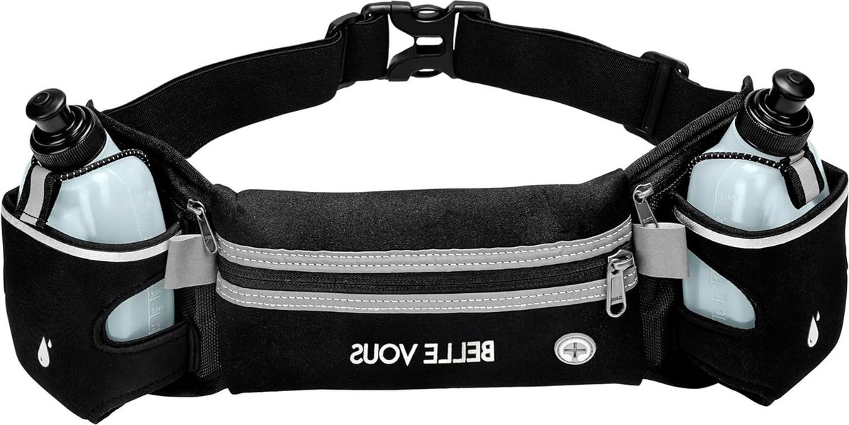 Verstelbare Hardloopband met 2 Waterflessen - Reflecterende Heuptas voor Telefoon - Waterdichte Hydratatieriem voor Marathonlopen, Wandelen en Fitness