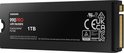 Samsung 990 PRO 1TB SSD met heatsink. Zwart met '990 PRO with Heatsink' en CE/UKCA-keurmerken.