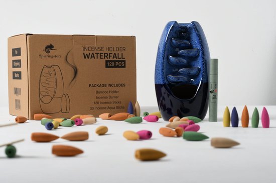 Wierookhouder waterval – Wierook Houder - Wierookbrander – Backflow Incense burner Waterfall –Nag Champa – Incl. 120 XXL Kegels / 30 Aqua Wierookstokjes / Kegelbrander houder