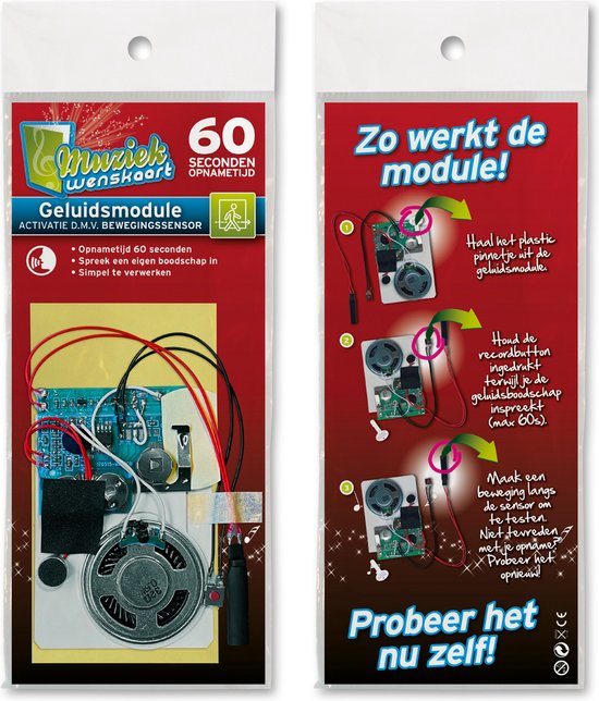 Geluidsmodule 60 sec. - geactiveerd door bewegingssensor - zelf opneembaar - spreek je eigen boodschap in - simpel te verwerken