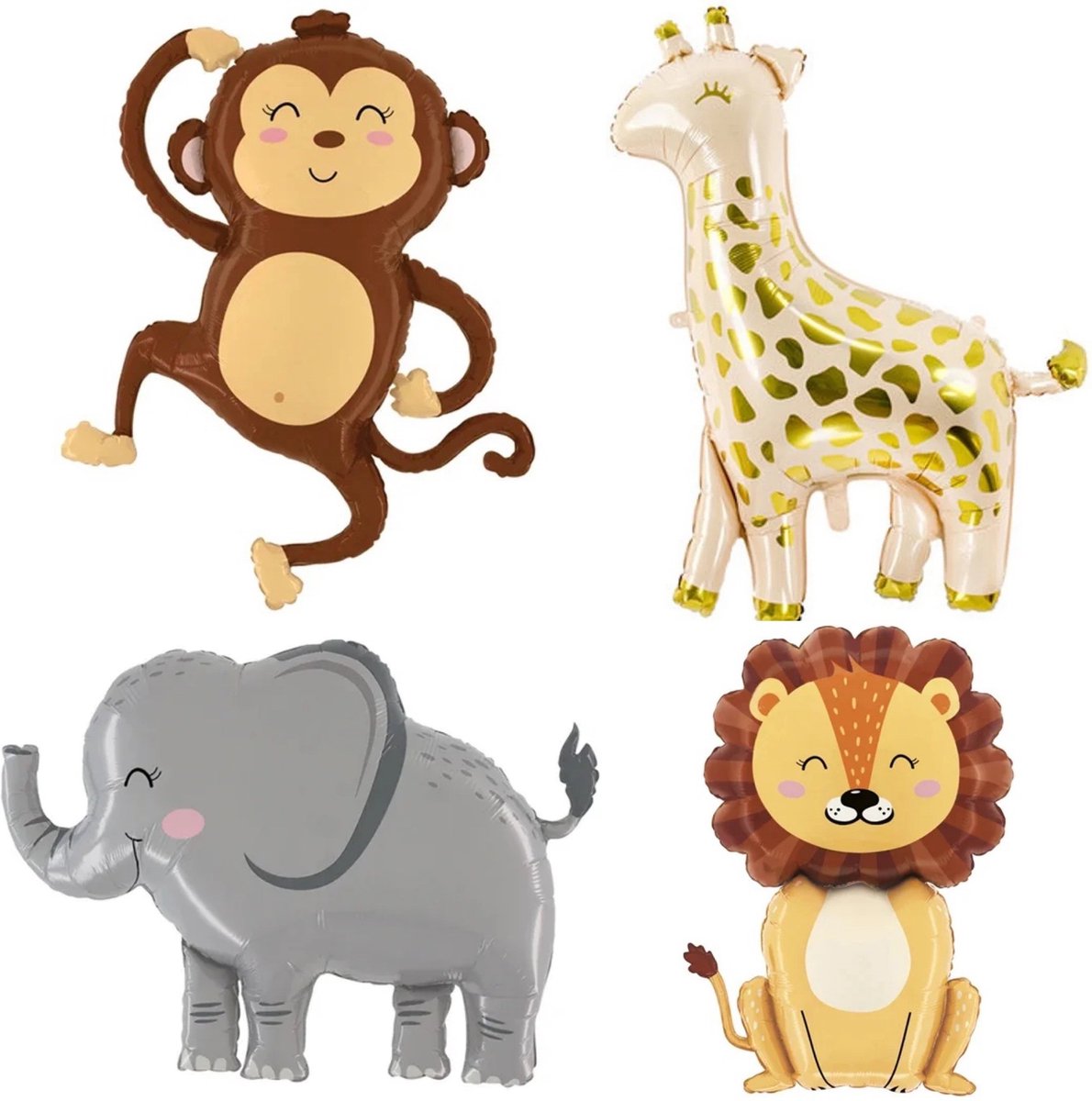 Jungle Animals 4-delige folie ballonnen set Aap, Leeuw, Olifant en Giraf - folie - ballon - jungle - dieren - decoratie - olifant - giraf - aap - leeuw - verjaardag - happy birthday