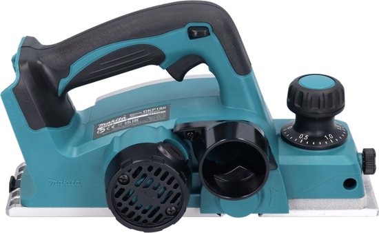 Turquoise Makita schaafmachine met zwarte details en een verstelknop.