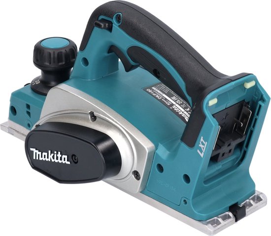 Turquoise Makita schaafmachine met een zilveren deel en een zwarte uitlaat.