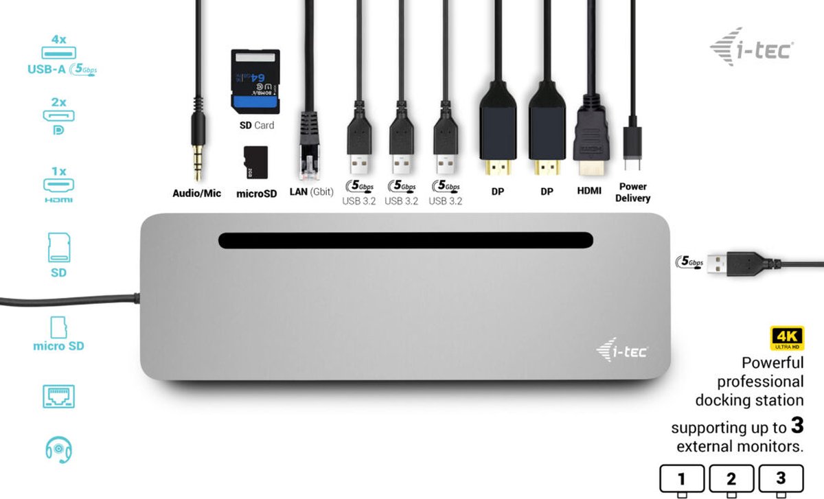i-tec USB-C Metal Ergonomic 3x 4K Display Docking Station with Power Delivery 100 W + Universal Charger 100 W