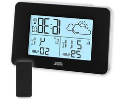 Wireless Digital Weather Station with Outdoor Sensor - Indoor and Outdoor Temperature - Humidity Meter - Animated Weather Forecast - Alarm Clock Radio with Snooze Function - Black