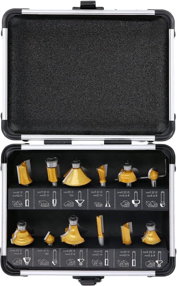 Houtbewerkingsschacht Wolfraamcarbide getipte Router Bit Set - 12 Stuk DIY Tool met zeskantsleutel - Aluminium behuizing - goud en zilver