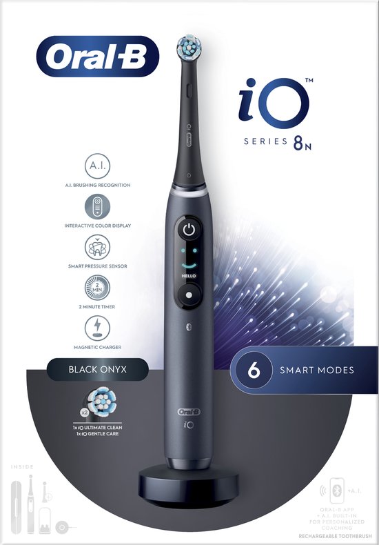 Oral-B iO Series 8N Black Onyx elektrische tandenborstel met interactief kleurendisplay en 6 slimme standen.