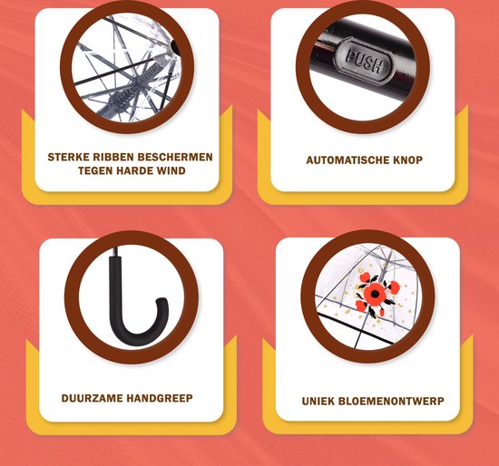 Parapluie à fleurs - Parapluie dôme PVC Transparent Diamètre 86 cm - TRANSPARENT - AUTOMATISÉ - Ø 86 CM - DESIGN