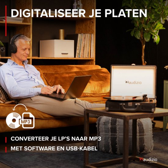 Retro platenspeler met speakers - Audizio RP114BK - Model 2025 - met PC software - Zwart — afbeelding 3