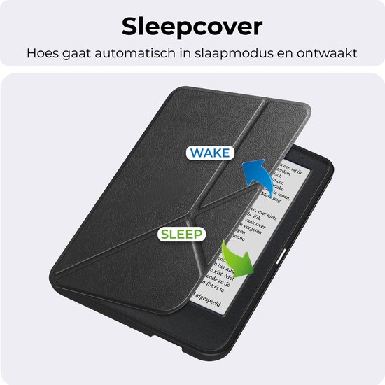 Zwarte, gevouwen hoes voor Kobo e-reader, geopend en gesloten.
