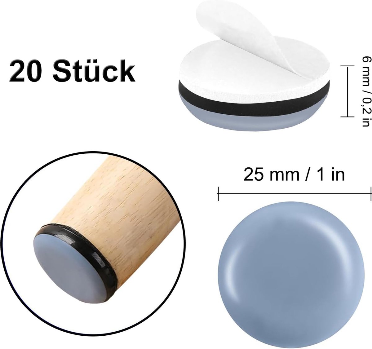 20 Stuks Teflon Meubelglijders – Zelfklevend, Diameter 20 Mm – Beschermt Vloeren Tegen Krassen – Voor Stoelen, Tafels, Kasten En Banken