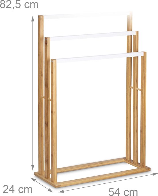Relaxdays handdoekrek bamboe, met 3 stangen, vrijstaand, zonder boren, voor badkamer, HBD 82,5 x 42 x 42,5 cm, natuur