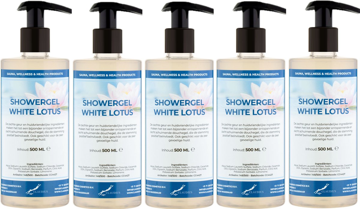 Goedkoopste Douchegel White Lotus 500 ml - set van 5 stuks - met gratis pomp - Showergel