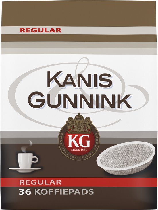 Bruine verpakking van Kanis & Gunnink met tekst "REGULAR 36 KOFFIEPADS" en een afbeelding van een kopje koffie en een koffiepad.
