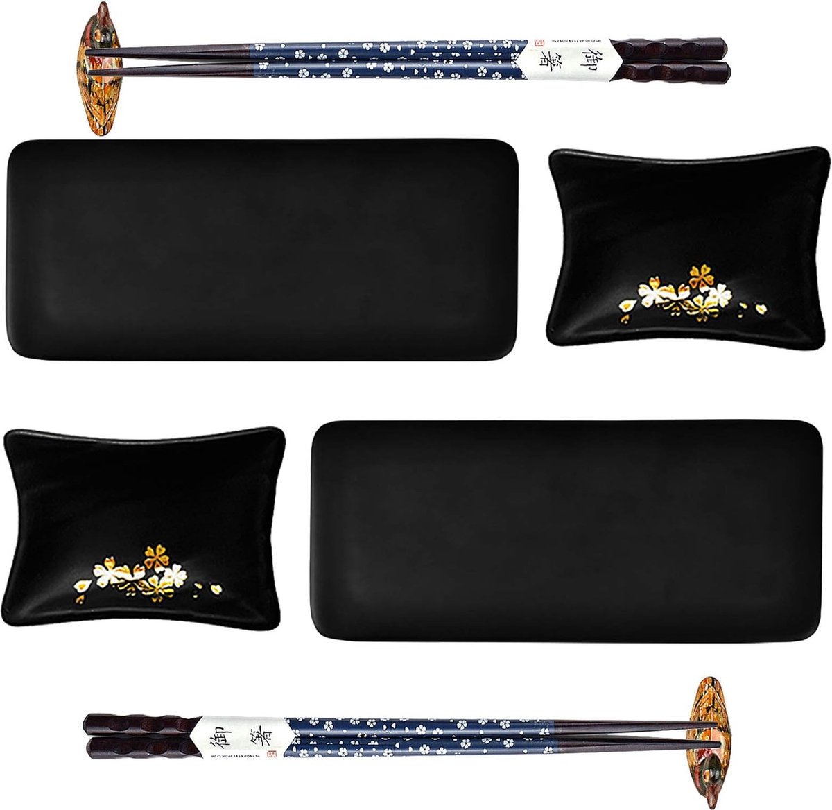 Artcome 8-delige Japanse stijl keramische sushibord servies set met 2 sushi-borden 2 sausgerechten 2 paar eetstokjes 2 eetstokjeshouders