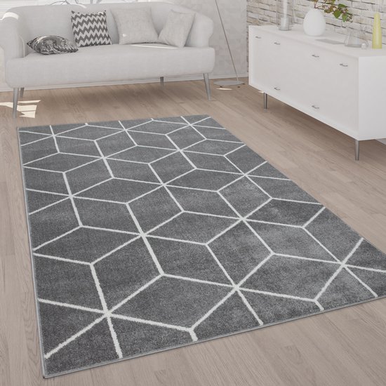 Paco Home Vloerkleed Woonkamer Laagpolig Modern Scandinavische Stijl Ruit Grijs Wit, Maat:160x220 cm, Kleur:Grijs