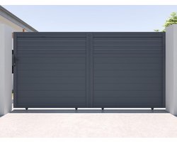 Vente-unique Schuifpoort in aluminium met jaloezievorm L374 x H180 cm donkergrijs - VIAZO