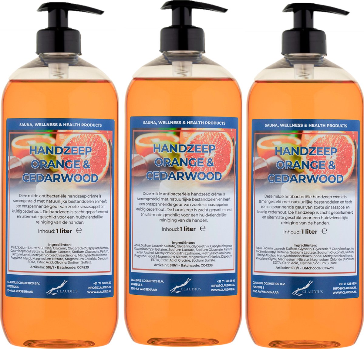 Goedkoopste Handzeep Sweet Orange & Cedarwood 1 liter - met gratis pomp - set van 3 stuks