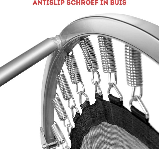Gedetailleerde weergave van de zilverkleurige metalen buizen en veren van de trampoline.
