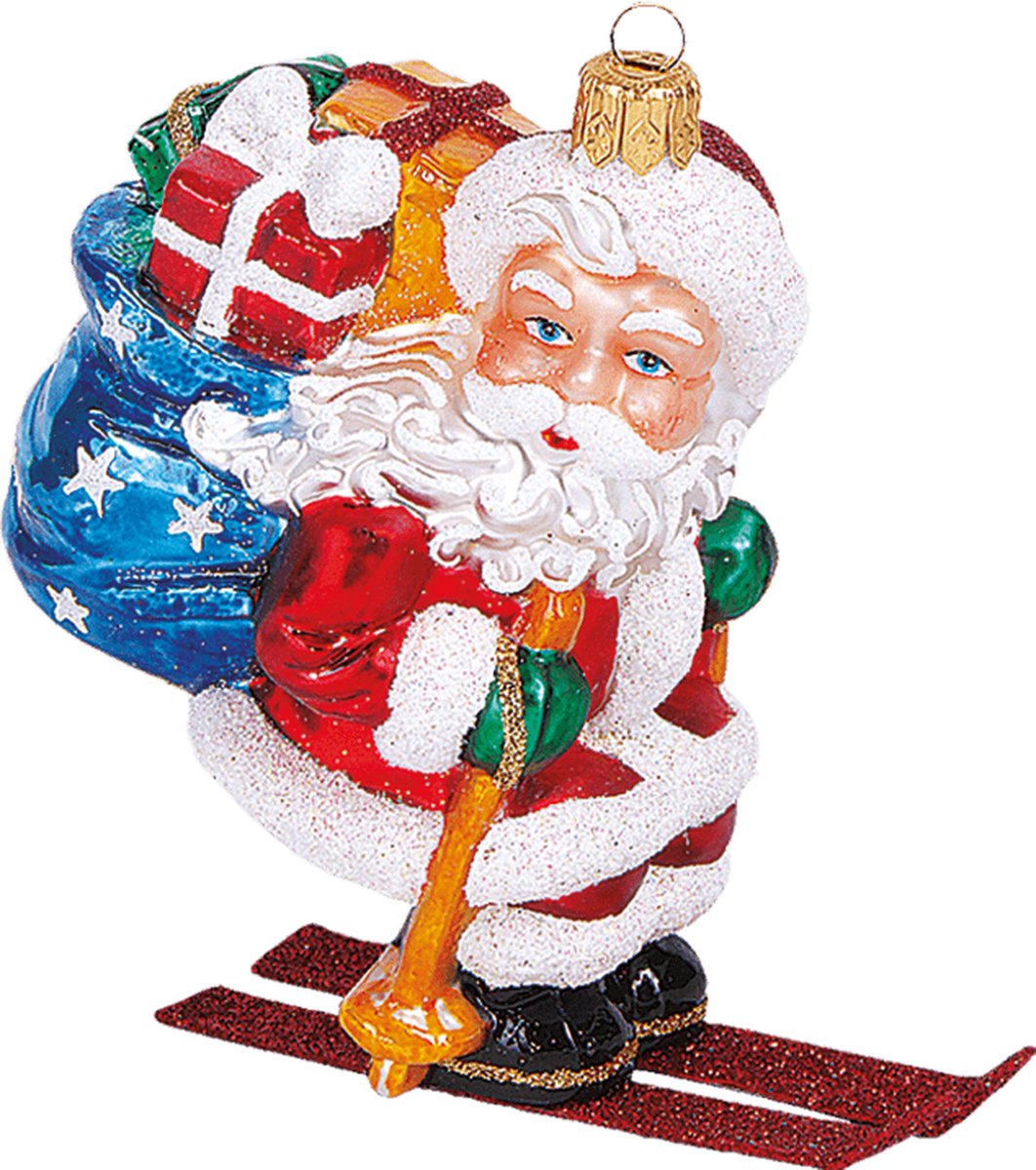 Viv! Christmas Kerstornament - Skiënde Kerstman - mond geblazen glas - rood blauw wit - 10cm