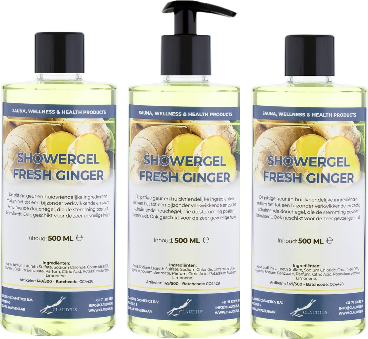 Goedkoopste Douchegel Fresh Ginger 500 ml - set van 3 stuks - met gratis pomp - Showergel