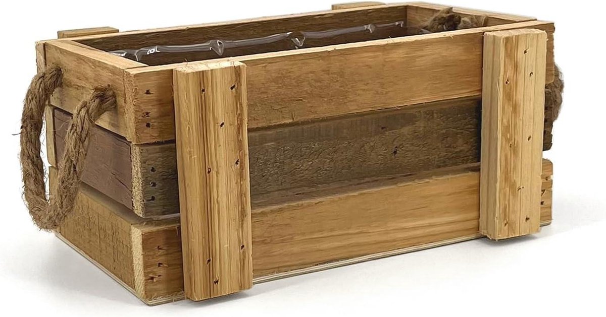 Bloembak Vimin Box Cassetta van natuurlijk hout met touwgrepen - bloemen en planten decoratie voor huis en balkon - 24 x 15 cm planter box