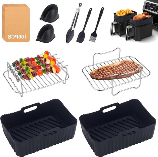 12 stuks accessoires voor heteluchtfriteuse, siliconen voor airfryer accessoires, geschikt voor Ninja Foodi AF400EU AF300EU 7.6L-9.5L en andere modellen, inclusief friteuse, bakpapier enz